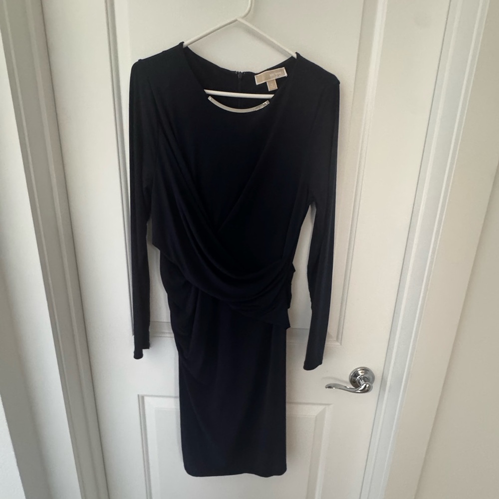Michael Kors Elegant Blue Draped Long Sleeve Dress